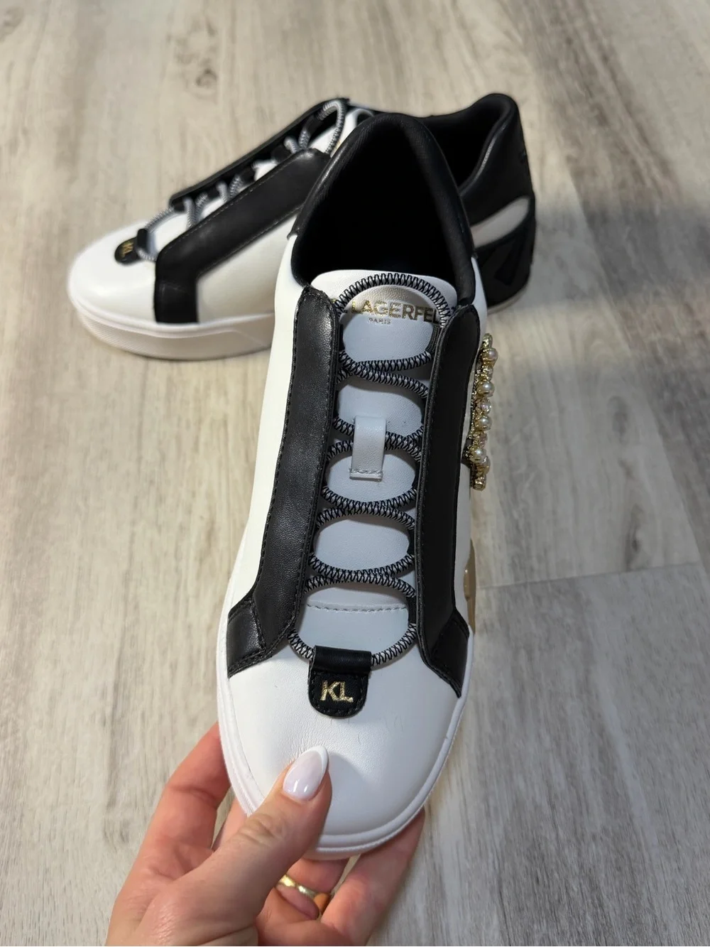Karl Lagerfeld White and Black Sneakers with Gold and Pearl Cat Emblem